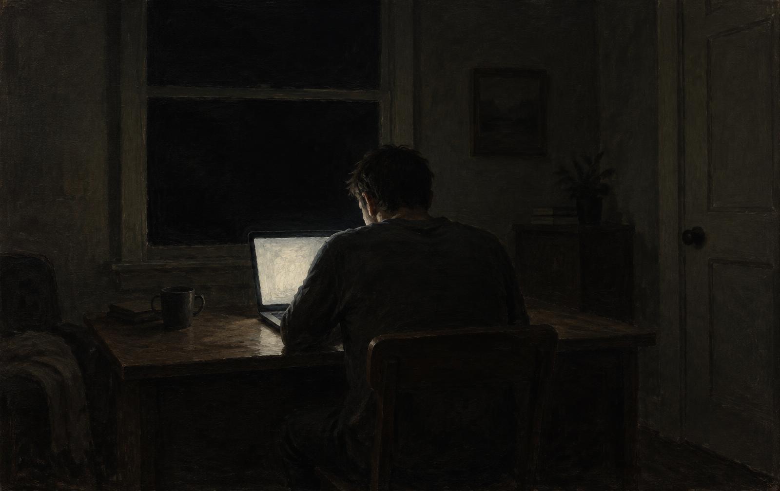 Peinture d’un homme seul devant un écran, dans une pièce sombre la nuit.
