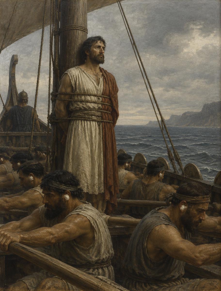Peinture classique d’Ulysse attaché au mât de son navire.